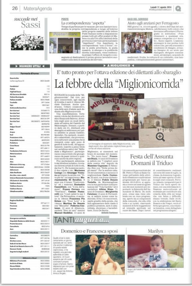 L'Articolo di Presentazione della MIGLIONICORRIDA OTTAVA  EDIZIONE 2014 tratto dal Quotidiano della BASILICATA - clikka per ZOOM 